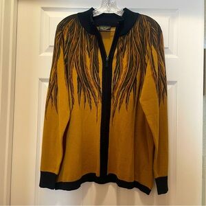 Bob Mackie Cardigan Wearable Art Tan Black Feather Print Vintage Style Size XL
